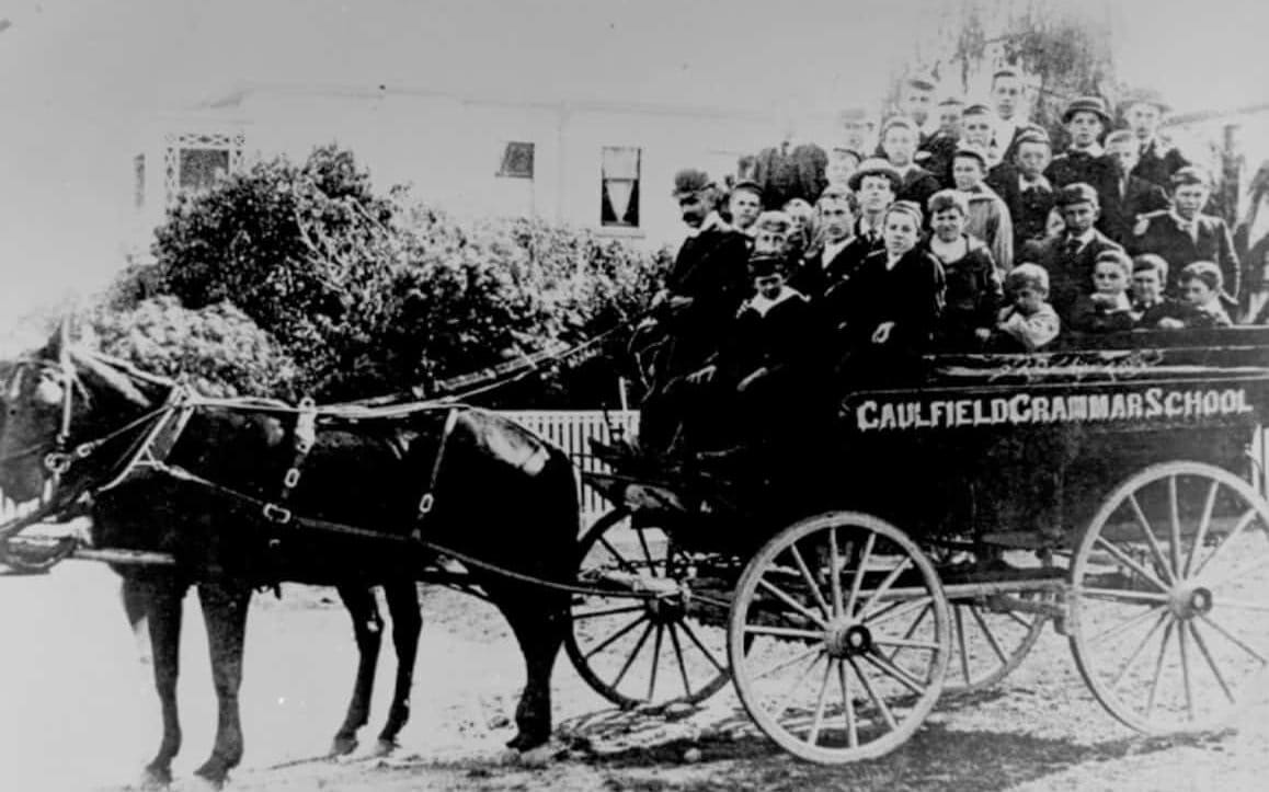 Caulfield Grammar students going to school on a horse and cart in the early 1900's